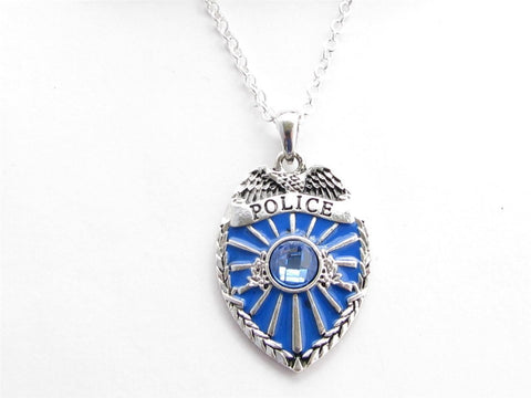 Policeman Badge Blue Crystal Silver Chain Necklace Jewelry Cop Police Patrolman-Free Shipping