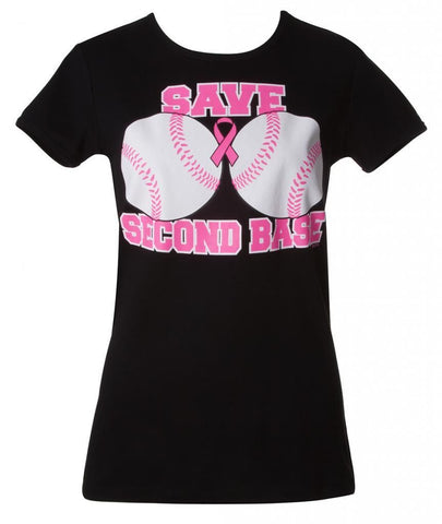 Womens Breast Cancer Awareness "Save Second Base" Black T-Shirt - Shoppzee