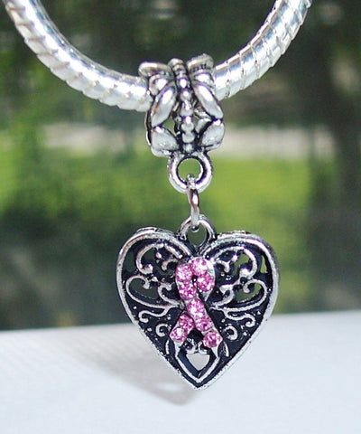 Pink Ribbon Heart Dangle Bead for Silver Charm Bracelet  - FREE SHIPPING