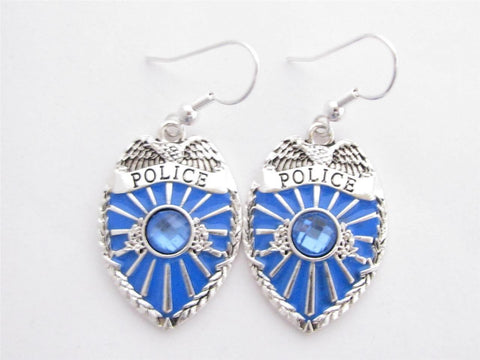 Police Policeman Officer Cop Badge Shield Blue Crystal Earrings Jewelry-Free Shipping